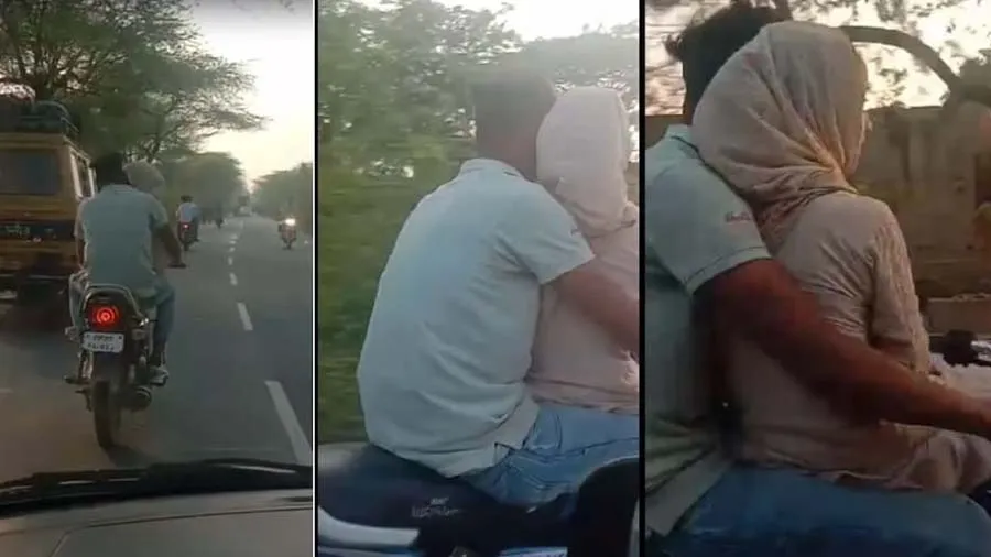 ગર્લ ફ્રેન્ડને આગળ બેસાડીને યુવક ચાલુ બાઇકે રોમાન્સ કરતો હતો, પોલીસ શોધે છે