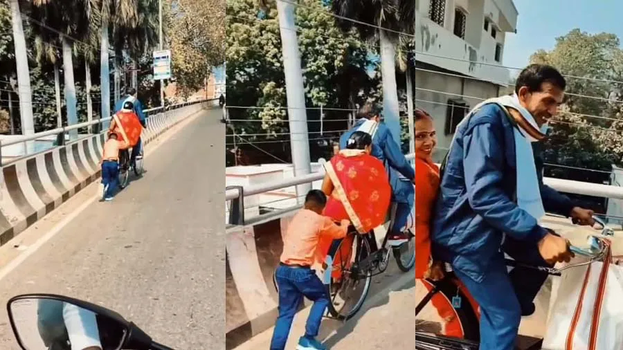 ઢાળ પર દીકરાએ માતા-પિતાની સાઈકલને લગાવ્યો ધક્કો, આ વીડિયો જીતી લેશે દિલ