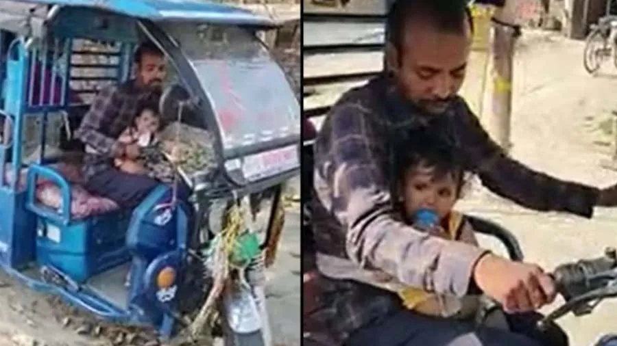 પોતાની 1 વર્ષની દીકરીને છાતી સાથે બાંધીને રીક્ષા ચલાવવા આ ભાઇ મજબૂર છે