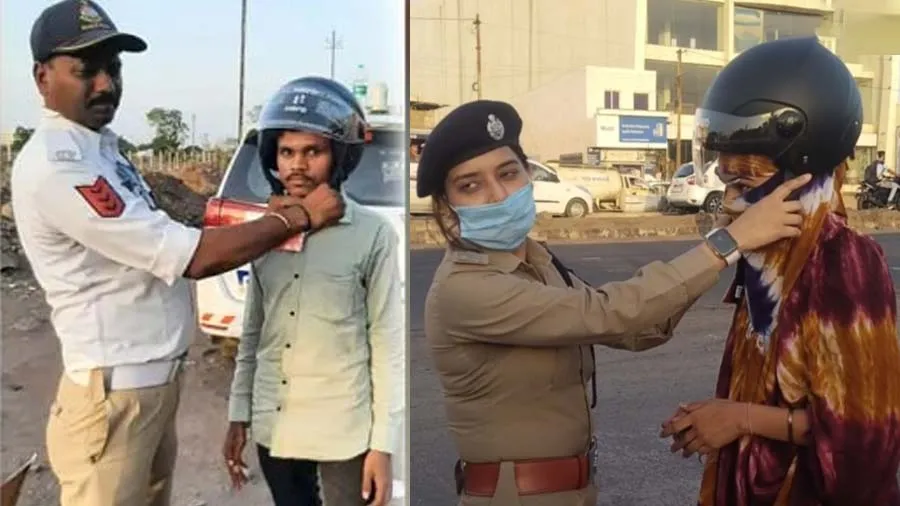 રાજકોટ પોલીસ વાહન ચાલકો પાસે દંડને લેવાને બદલે તેમને હેલમેટ પહેરાવે છે