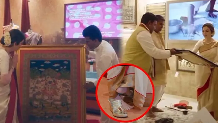 નીતા અંબાણીએ શ્રીનાથજીની પેઈન્ટિંગને સ્પર્શ કરતા પહેલા સેન્ડલ ઉતાર્યા