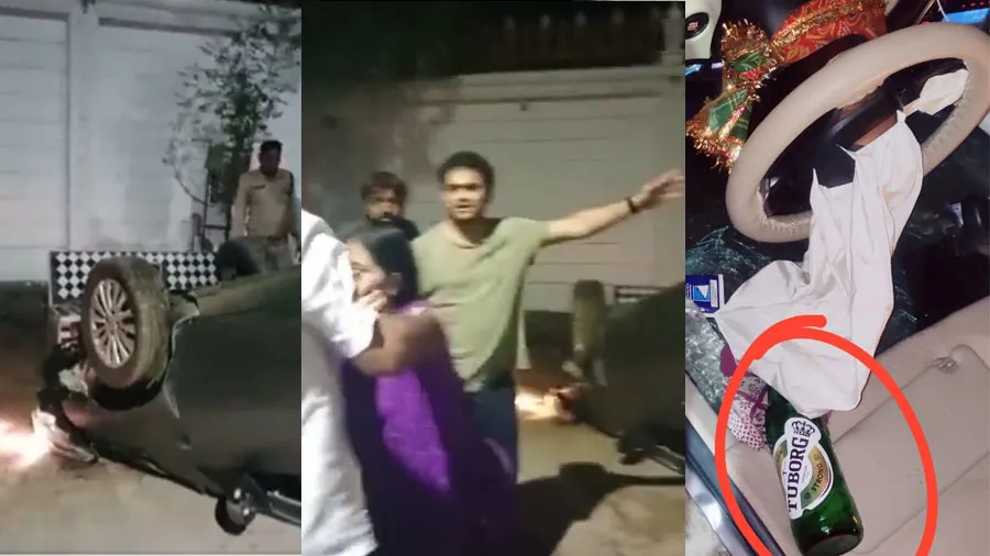 અમદાવાદમાં છાકટા ડ્રાઇવરની કાર પલટી મારી, દારૂ પણ મળ્યો, 3 હતા સવાર, જુઓ વીડિયો
