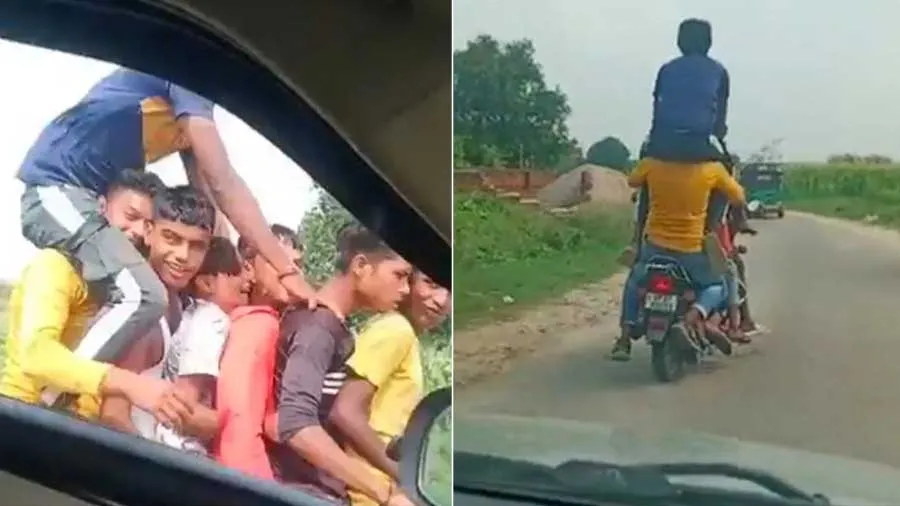 7 છોકરાઓ એક બાઇક પર બેસીને જઈ રહ્યા હતા, છેલ્લો એક તો ખભા પર બેઠો, વીડિયો વાયરલ