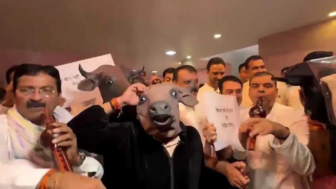 મધ્ય પ્રદેશમાં વિપક્ષનો અનોખો વિરોધ, ધારાસભ્યો ભેંસ બનીને ગયા 