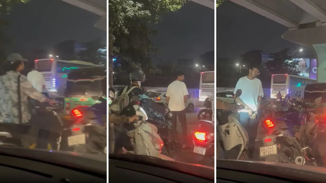 વડોદરામાં એક યુવક રસ્તાની વચ્ચે ગાડી મૂકીને પેશાબ કરવા લાગ્યો, પોલીસે પાઠ ભણાવ્યો