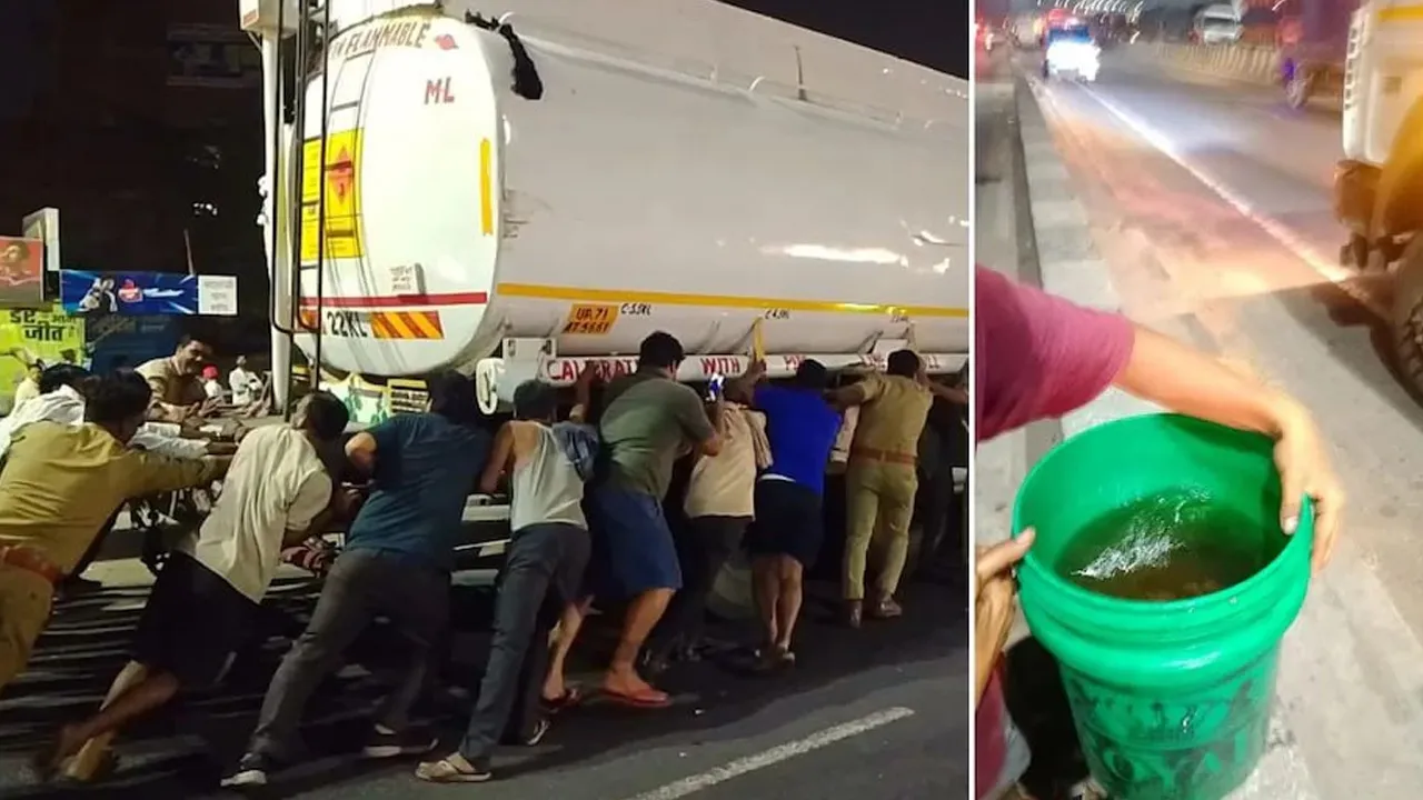 અકસ્માત બાદ હાઇવે પર પેટ્રોલ ટેન્કર લીક થયું, લોકો ડોલ ભરી-ભરીને લઈ ગયા